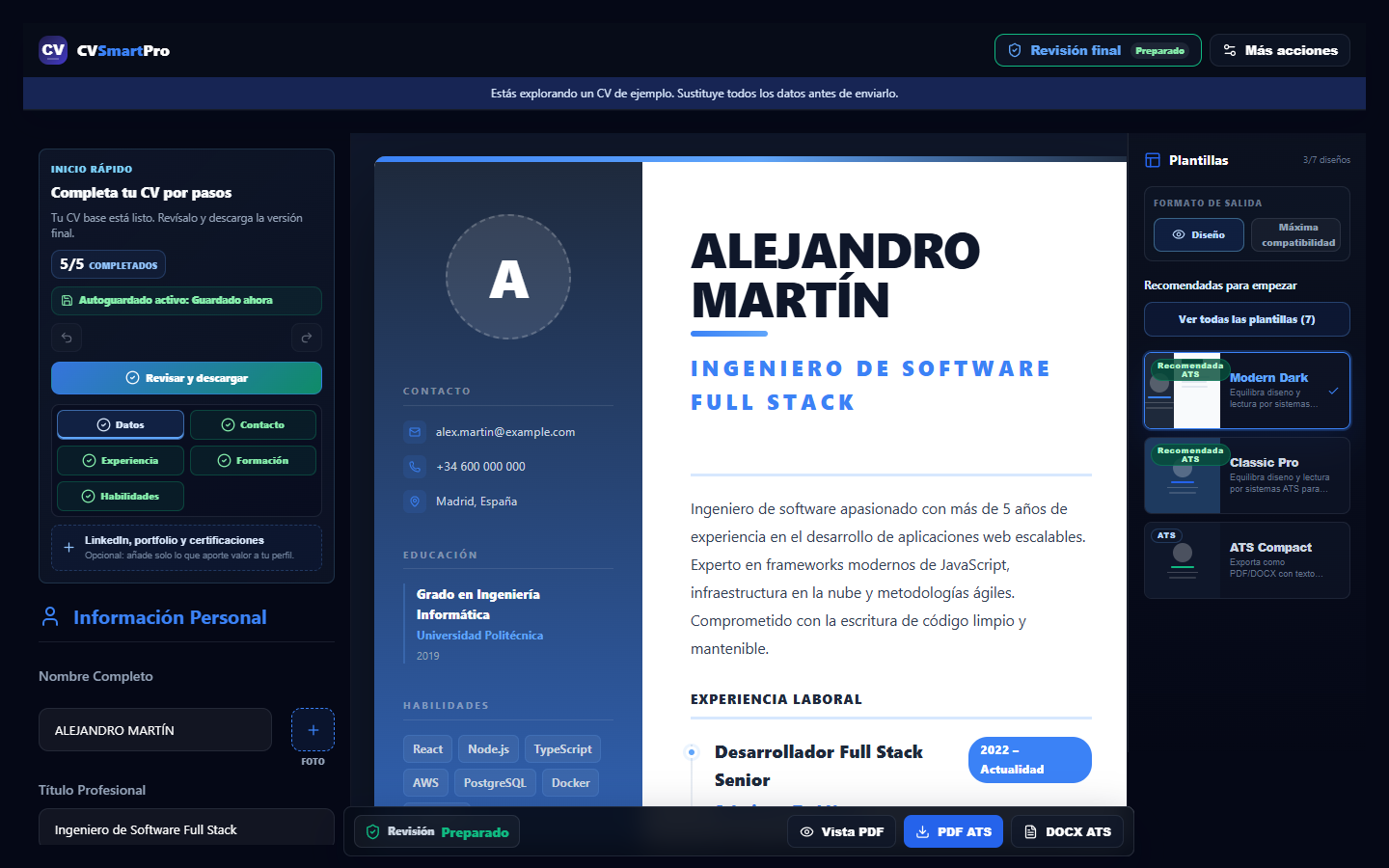 CVSmartPro editor with CV preview and templates